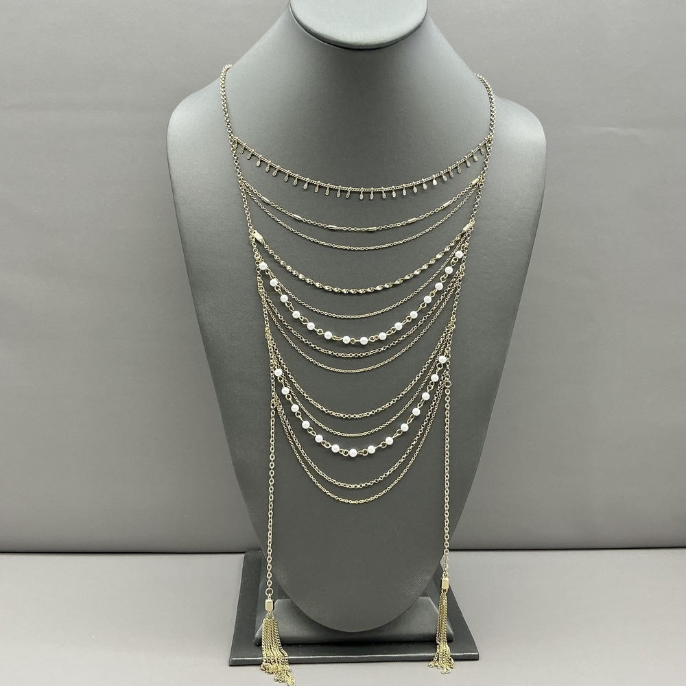 American Eagle Outfitters Layered Bib Necklace Gold‎ Tone Faux Pearl Tassel Bolo